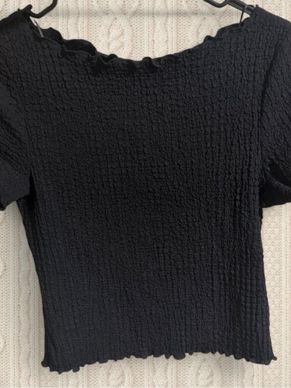 H&M Black Short Sleeve Textured Ruffle Neck Top
